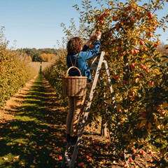 Vertical photo of a person harvesting apples in an orchard. Woman on a ladder with a wicker basket picking fresh fruit on a sunny autumn day