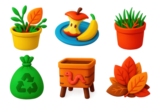 Set of six images of various plants and objects, including a banana, an apple, a leaf, a plastic bag, a banana peel, and a potted plant. The images convey the idea of recycling - Powered by Adobe