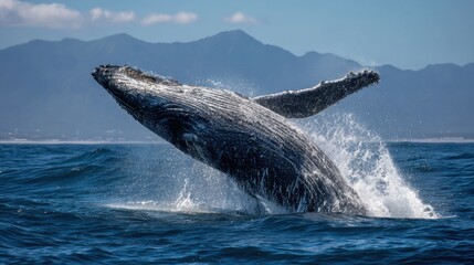 Naklejka premium A powerful whale leaps from the ocean creating a splash with scenic mountains in the background.