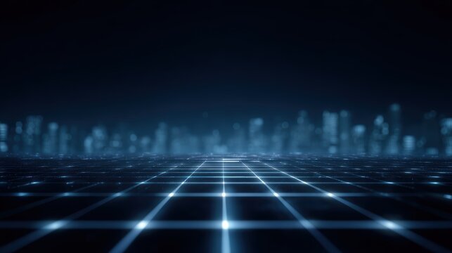 High-tech digital cityscape, blue light grid representing VR and technology