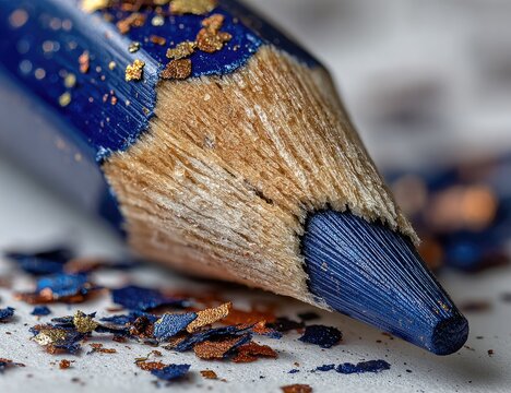 Close-up of a sharpened blue pencil with flakes