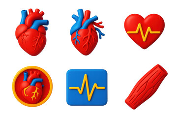 Collection of heart-shaped objects in various colors, including red, blue, and yellow. The hearts are arranged in a row, with some overlapping each other. Scene is cheerful and playful