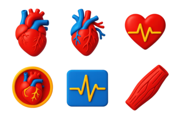 Collection of heart-shaped objects in various colors, including red, blue, and yellow. The hearts are arranged in a row, with some overlapping each other. Scene is cheerful and playful