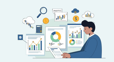 Financial Professional Performing Analytics and Research Using Cloud Data, Reports, and Data Visualization Charts for Investment.