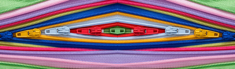 Multicolored Zippers or Zip Fasteners used for binding fabric or textile