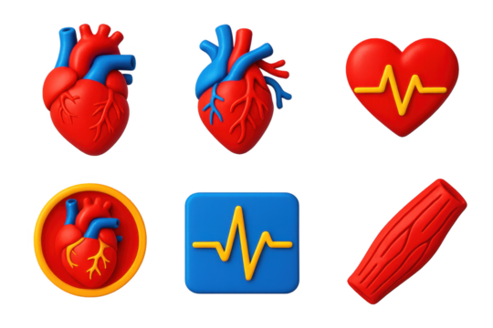 Collection of heart-shaped objects in various colors, including red, blue, and yellow. The hearts are arranged in a row, with some overlapping each other. Scene is cheerful and playful