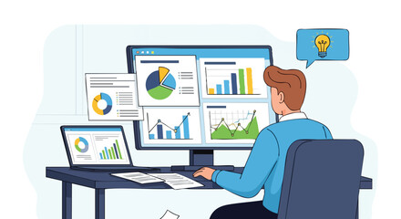 Financial Analyst Gaining Business Insight While Monitoring Multiple Data Visualization Charts on a Multi-Screen Workstation.