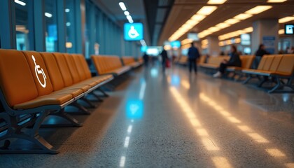 Airport waiting area with accessible seating marked with disability symbol. Modern terminal offers inclusivity, ADA compliance. Passengers wait for flight at boarding lounge. Travel accessibility for