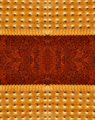 a cookie on the coffee cup seen from above, focus on coffee foam