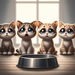 Obraz premium A charming illustration of four kittens with huge, sparkling eyes, sitting in a row in front of an empty bowl. 