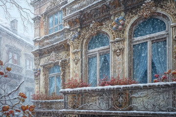 Obraz premium An atmospheric winter illustration depicting an old Art Nouveau building covered in snow. 