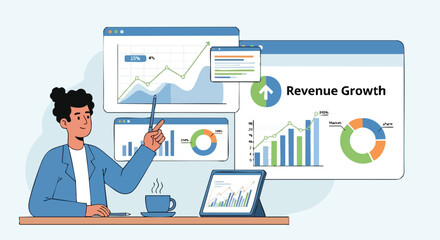 Financial Analyst Presenting Revenue Growth Data and Market Share Metrics Using Various Digital Charts and Graphs.
