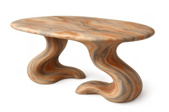 Modern organic marble coffee table featuring a fluid, abstract, and surreal design with a transparent background