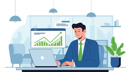 Smiling Businessman Working on a Laptop in an Office While Monitoring a Screen Displaying Successful Financial Growth Data.