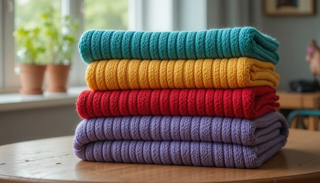 Stack of colorful knitted sweaters on wooden table in cozy home interior
