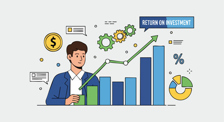 Businessman Analyzing Increasing Return on Investment (ROI) Illustrated with Bar Graphs and Growing Trend Line.