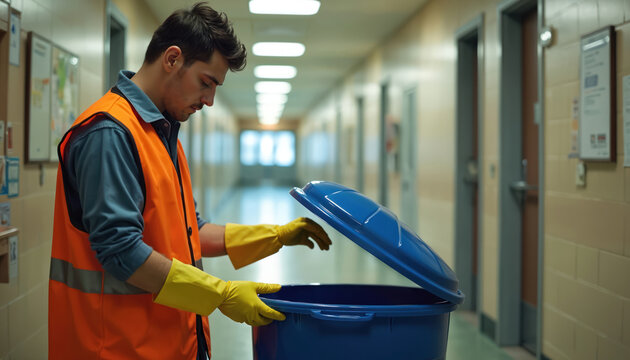 Man wearing safety vest and gloves empties trash bin in school hallway. He performs his daily cleaning duty. His work ensures a tidy learning environment. He is diligent.