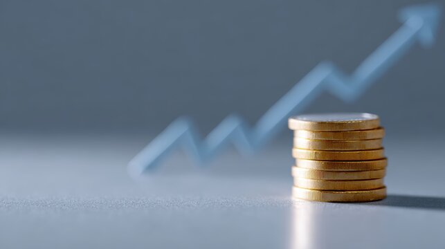 Stack of gold coins with blue graph, silver coins, and upward arrows, finance concept