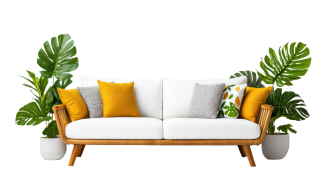 Garden sofa with cushions framed by potted plants on Transparent Background