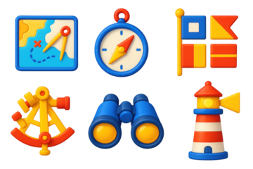 Variety of colorful and stylized objects, including a compass, binoculars, and a lighthouse. Scene is playful and whimsical, with the bright colors