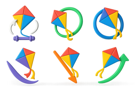 Set of six kites with different colors and shapes. The kites are all different sizes and are all flying in different directions