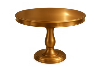Golden round pedestal table with brass decorative elements, luxurious furniture design, isolated on transparent background