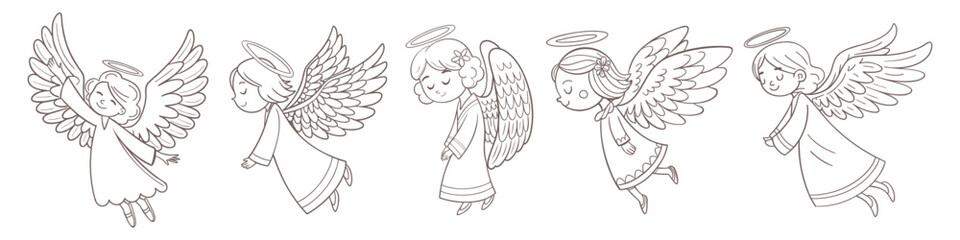 Cute аngel girls with wings and nimbus collection. Line art.