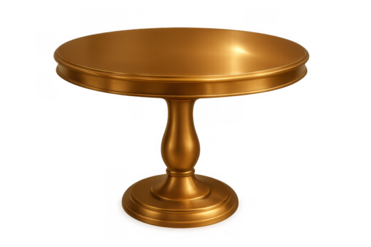 Golden round pedestal table with brass decorative elements, luxurious furniture design, isolated on transparent background