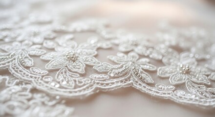 Obraz premium Intricate close-up of delicate white lace with floral design and shimmering embellishments