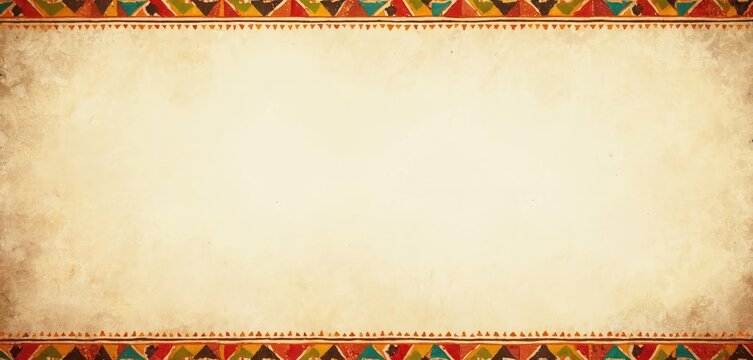 Beige grunge paper with ethnic pattern border design. Tribal folk decorative frame element great for invitation cards, scrapbooking, creative projects. Copy space background for social media banner