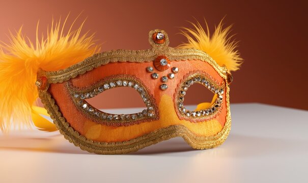 A vibrant orange carnival mask adorned with feathers and jewels, evoking a joyful celebration spirit