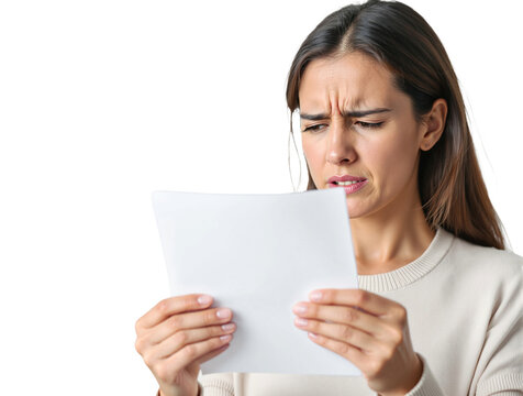 Mujer Joven Confundida y Molesta Leyendo un Documento o Factura