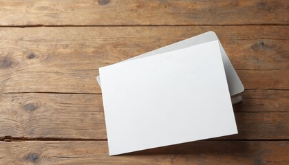 Blank white cards sit on rustic wood desk. Clean paper ready for branding design. Mockup template suits stationery shop corporate identity presentation. Office message board background minimal.