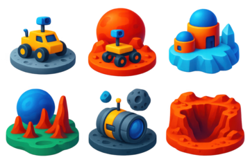 Set of six space-themed images, each with a different color scheme and design. The images include a yellow rover, a blue and orange space station, and a red and blue rocket