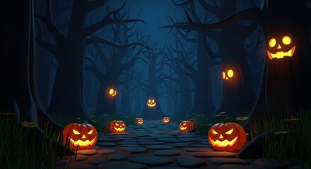 Jack-o'-lanterns line a stone path through a dark, spooky forest at night