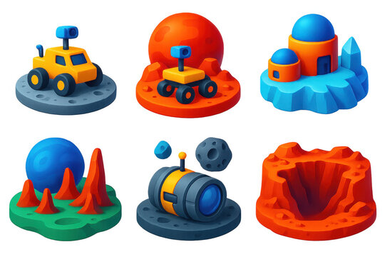 Set of six space-themed images, each with a different color scheme and design. The images include a yellow rover, a blue and orange space station, and a red and blue rocket