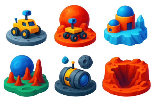 Set of six space-themed images, each with a different color scheme and design. The images include a yellow rover, a blue and orange space station, and a red and blue rocket