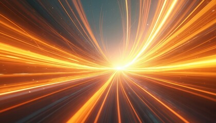 Fiery orange and gold light streaks converge at a bright central point creating a sense of rapid motion and speed. This abstract visual conveys energy and digital data transmission.