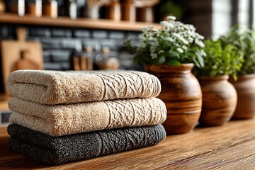 Bamboo towels folded neatly eco chic design high resolution picture