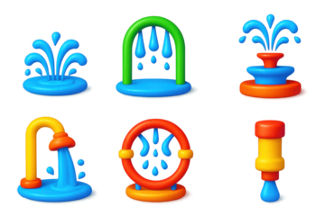 Variety of water-related objects, including faucets, sprinklers, and a water fountain. The objects are all in different colors and sizes, and they are all made of plastic