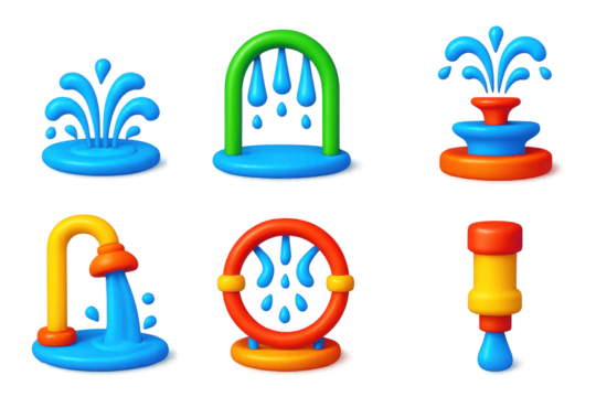 Variety of water-related objects, including faucets, sprinklers, and a water fountain. The objects are all in different colors and sizes, and they are all made of plastic