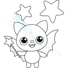 Adorable Cute Cartoon Animal Bat with Magic Wand and Stars Outline for Kids Coloring