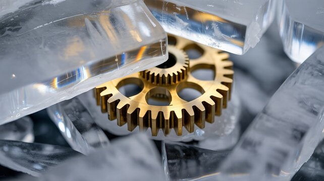 Extreme close up macro photograph of brass gears nestled among ice blocks - Powered by Adobe