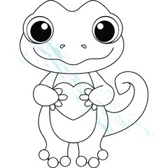 Cute Cartoon Chameleon Character Holding a Heart for Kids Coloring Page Design