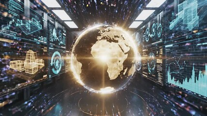 Futuristic data tunnel filled with displays stretches out before us, inviting exploration of digital possibilities and envisioning the future of information through animation and technological. - Powered by Adobe