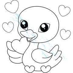 Adorable Cartoon Duckling with Cute Hearts Lineart Drawing for Kids
