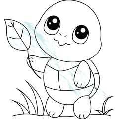 Cute Baby Turtle Drawing Holding a Leaf, Adorable Animal Outline for Kids Coloring Book