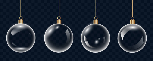 Glass bauble set. 3D transparent Christmas balls hanging for Christmas and New Year celebrations. vector illustrations