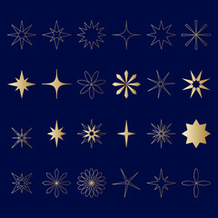 Golden geometric starburst and twinkle vector icons set, elegant radiant star shapes for decorative design, abstract celestial elements and premium graphics
