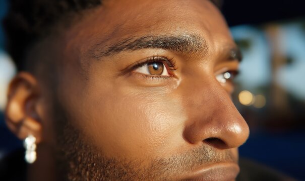 A young man reflects thoughtfully against a soft, blurred outdoor backdrop during sunset - Powered by Adobe